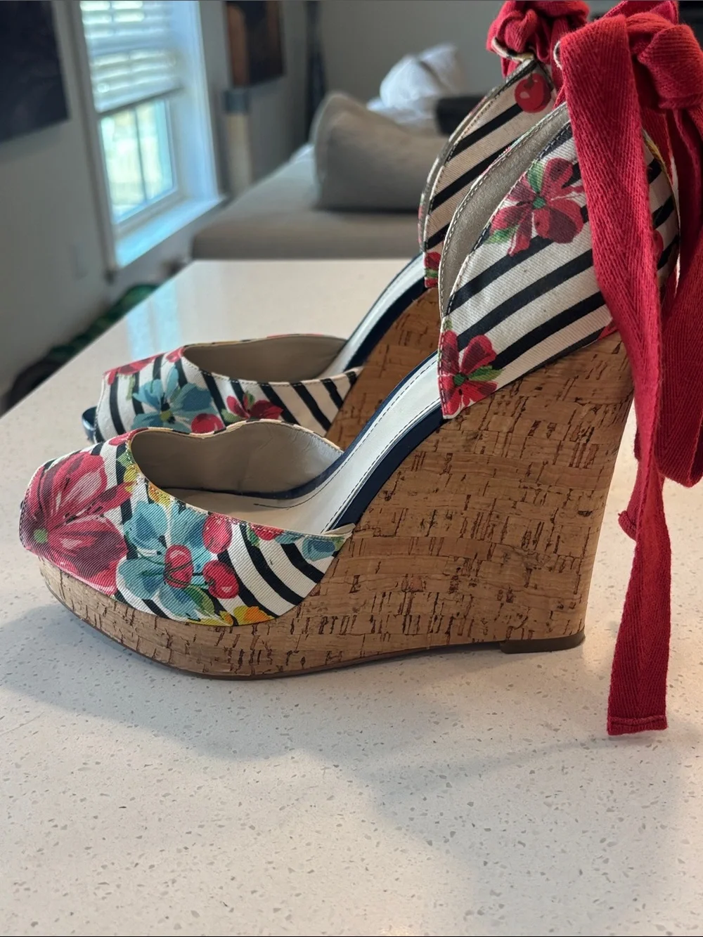 Nine West Floral & Striped Ankle-Tie Cork Wedge Sandals - Women's Size 10